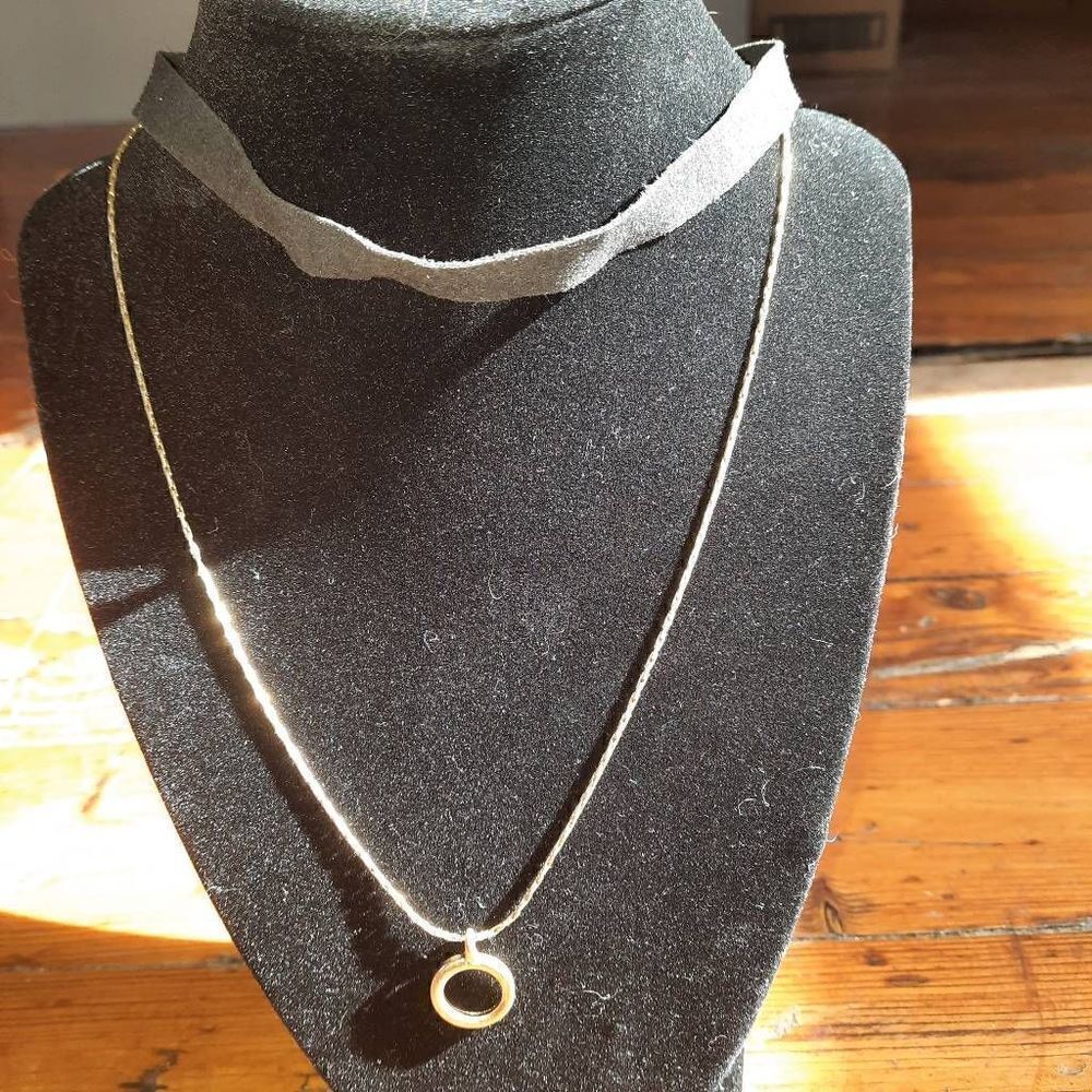 Leather choker with minimalist circle charm necklace